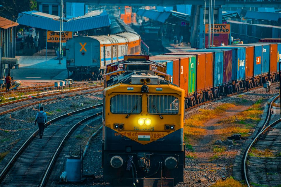 A container freight train pulling out of an inland terminal