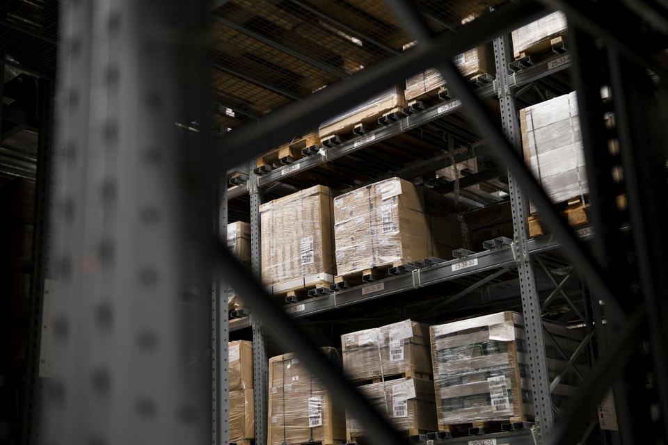 Racked pallets in a distribution warehouse