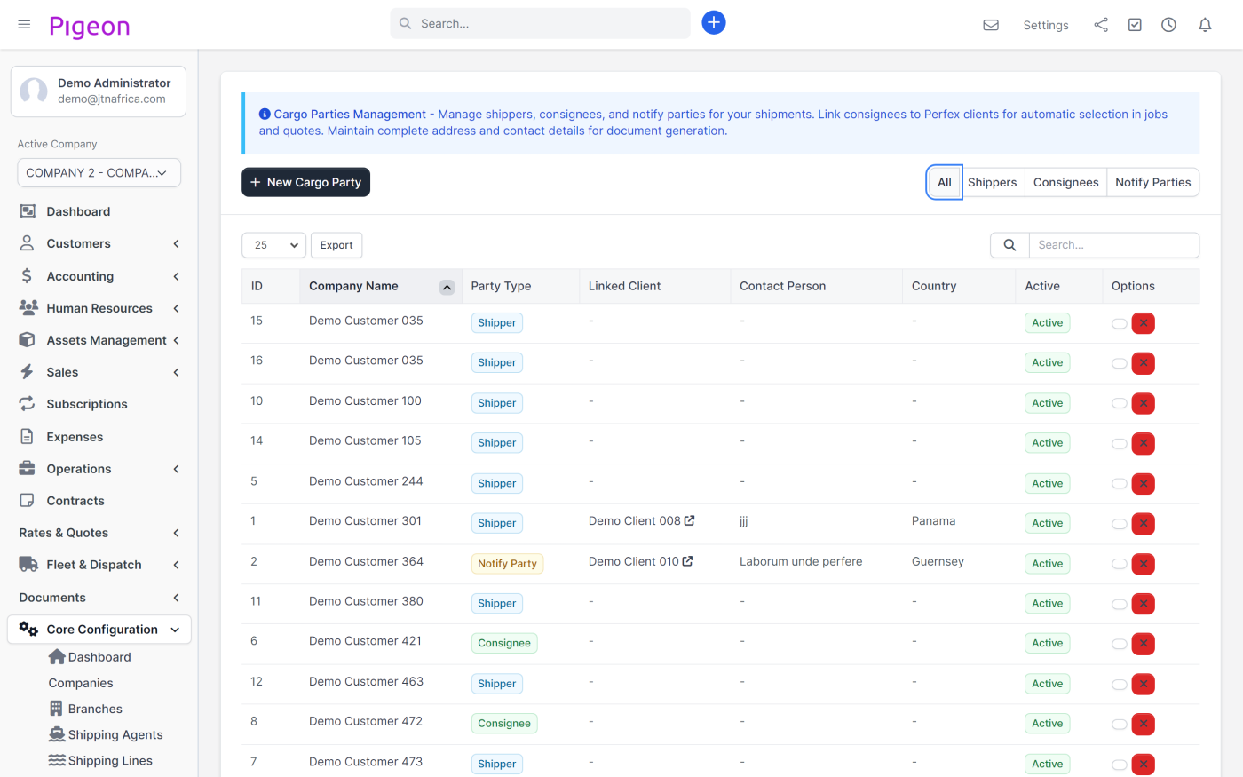 Shippers, consignees and notify parties held once and reused across every bill of lading.