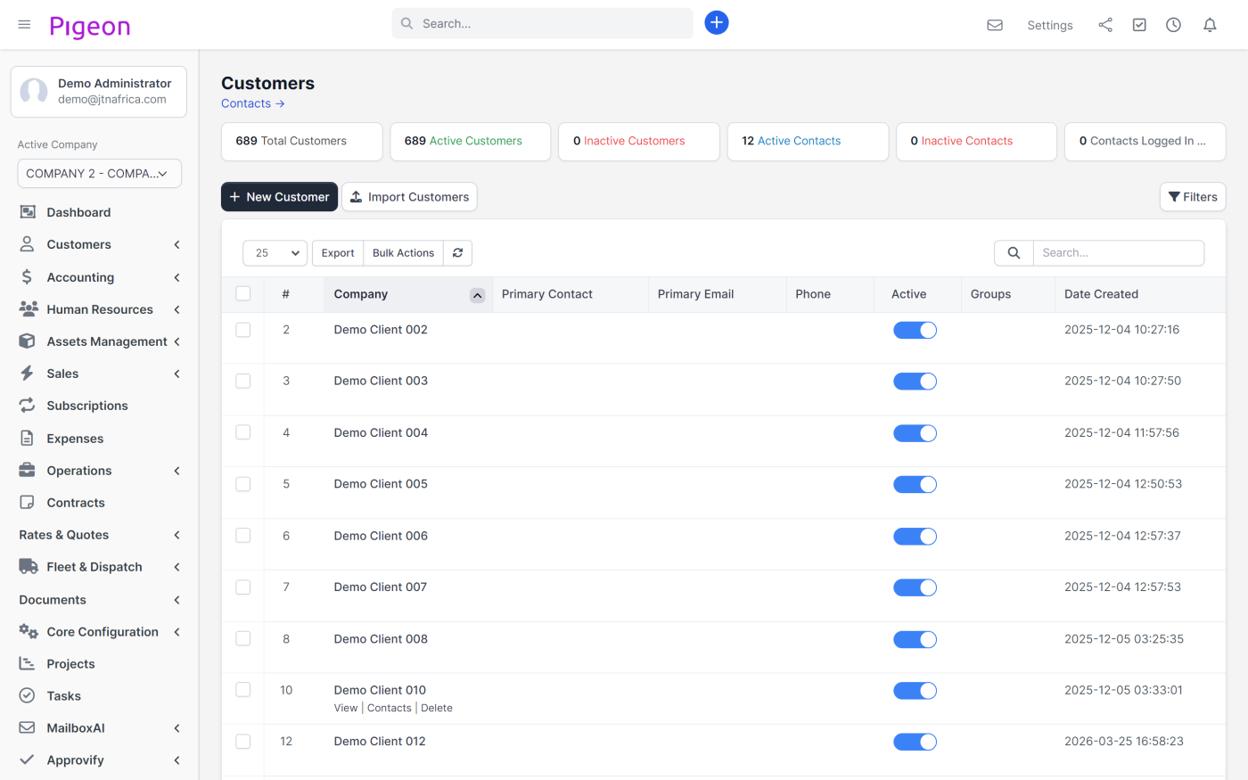 The customer register, holding every account with its contacts, invoices and portal access in one record.