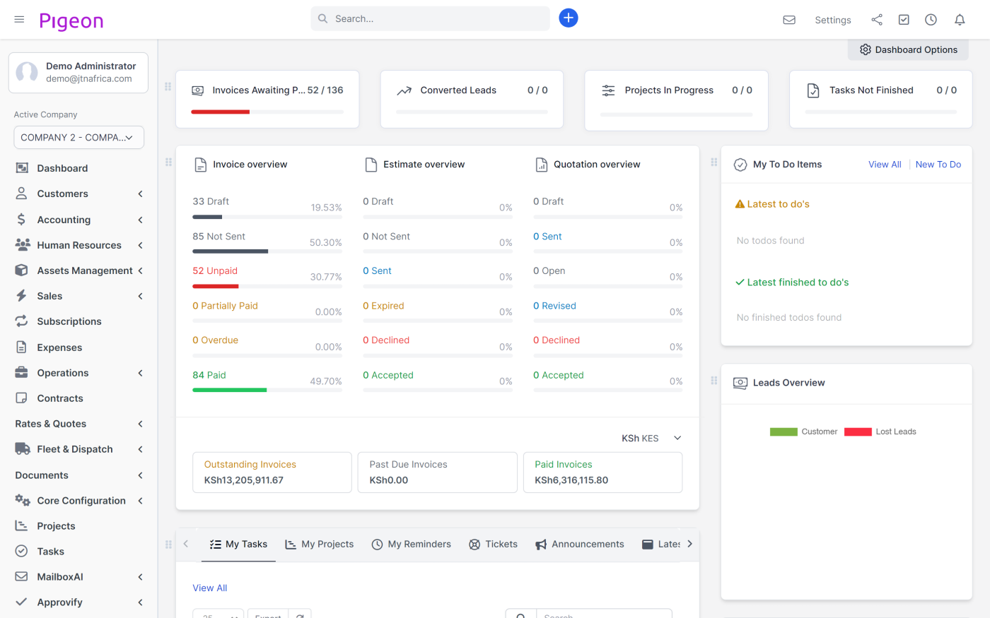 The operations dashboard, showing open jobs, invoice totals and recent activity at a glance.
