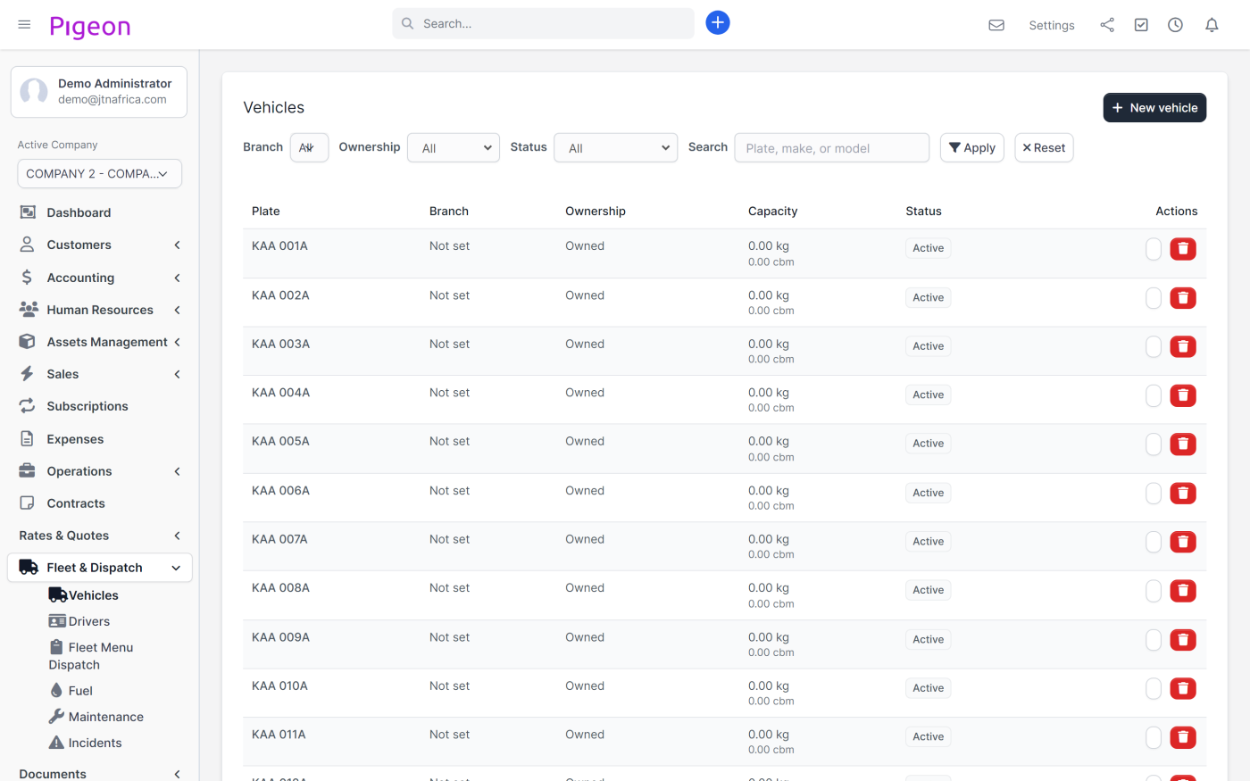 The fleet register, listing every truck by plate, ownership and availability.