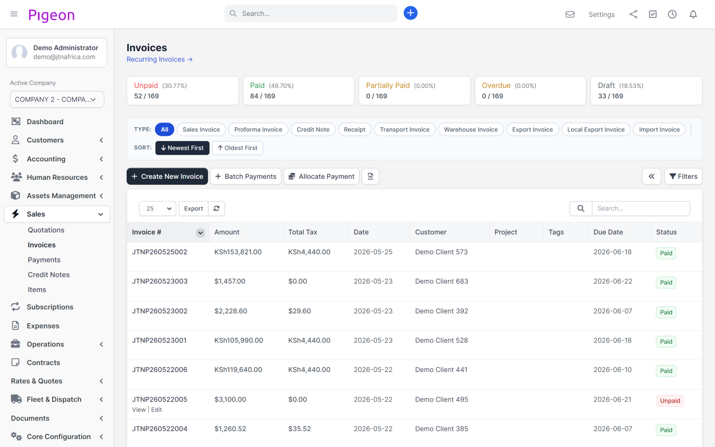 The invoice list, showing amount, due date and payment status for every billed job.