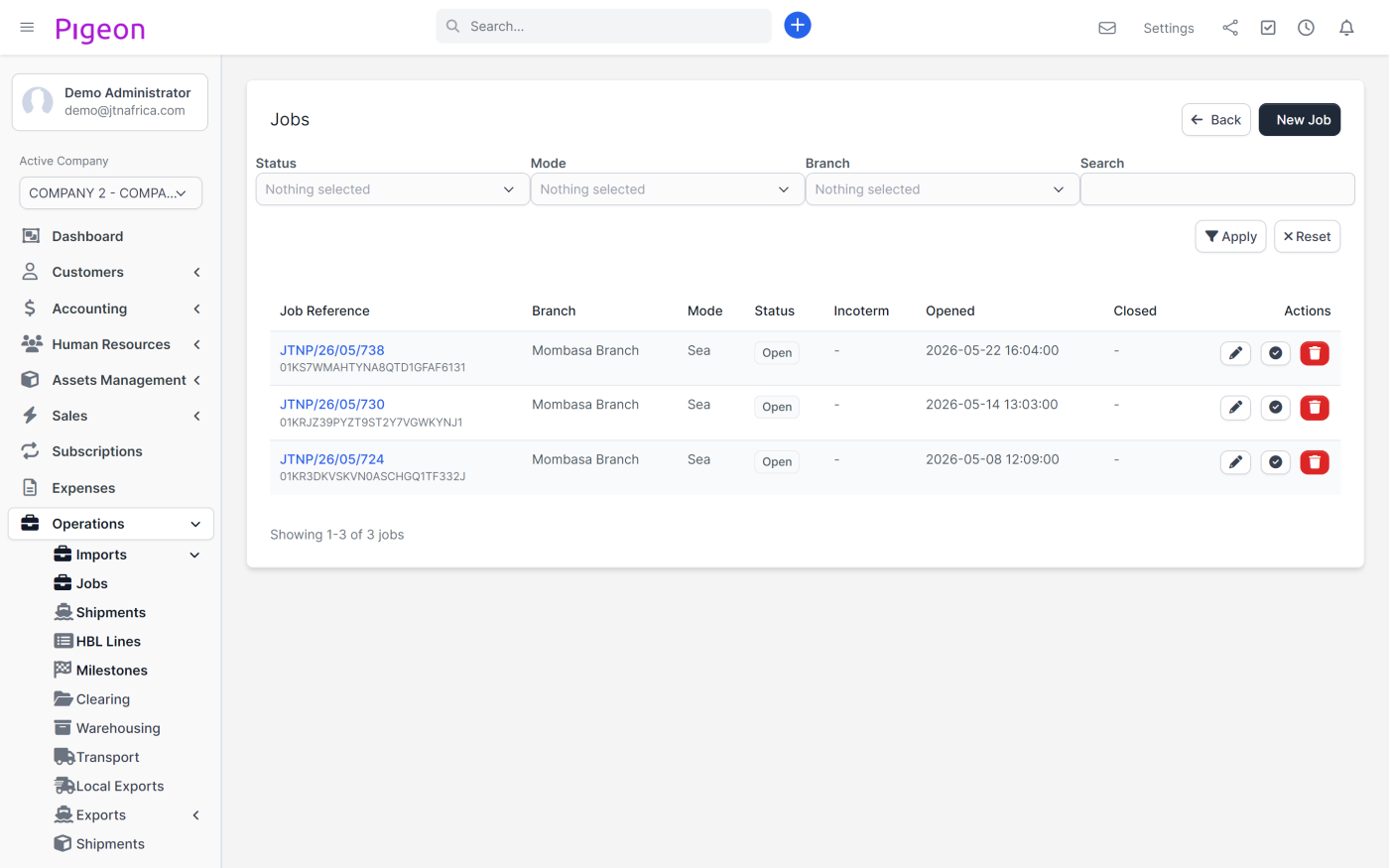The jobs register, listing every import and export file with its mode, direction and current status.
