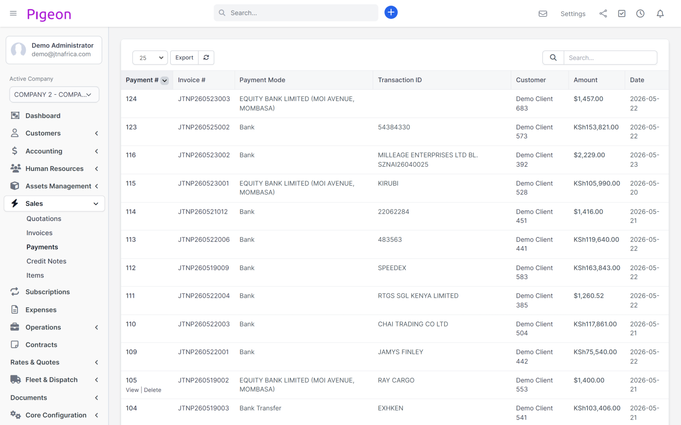 Recorded payments matched against the invoices they settle.