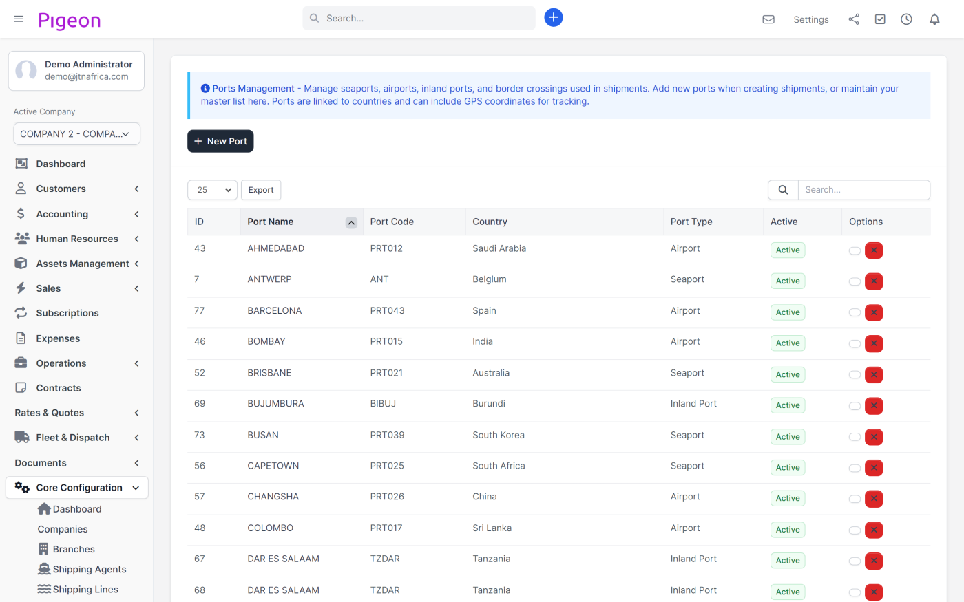 The port register that lanes, shipments and documents all draw their locations from.