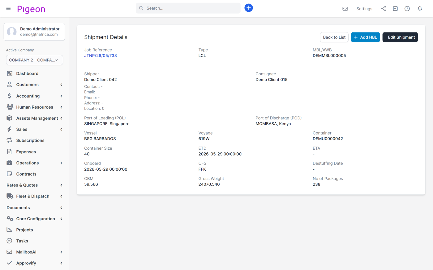 A single shipment open on screen, with its vessel, container, port pair and sailing dates in one view.