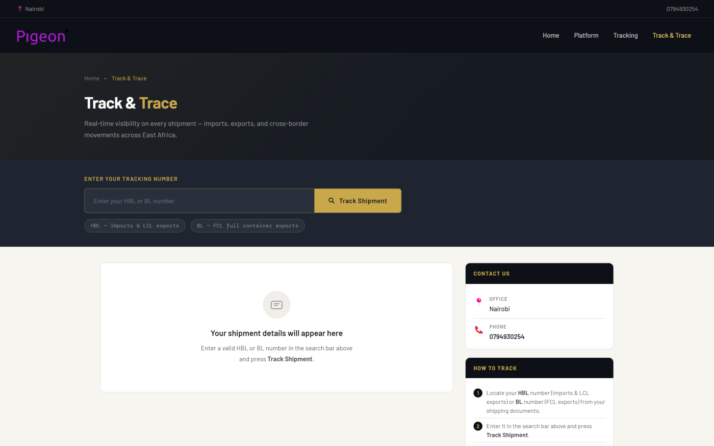 The public tracking page, where a customer enters a reference and sees their shipment status without logging in.